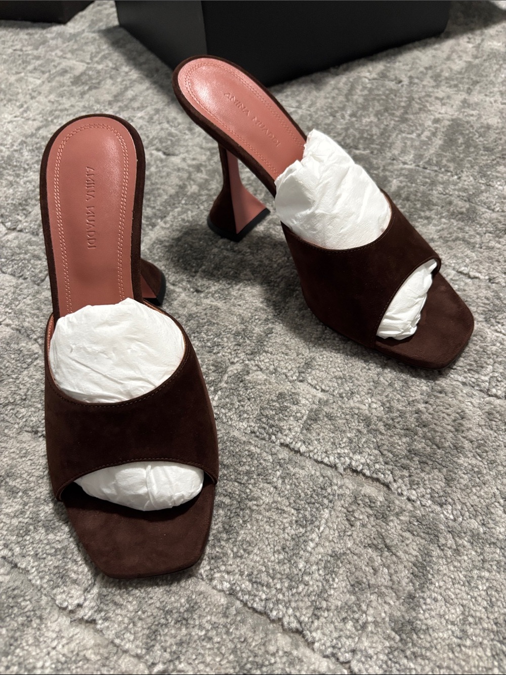Amina Muaddi Brown Suede Open-Toe Mule Heels